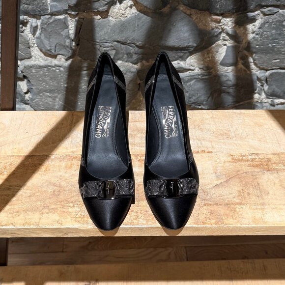 Salvatore Ferragamo Black Satin Crystal Embellished Pumps - Picture 3 of 12